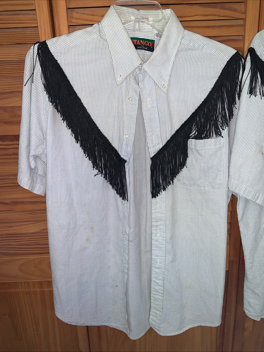 Tango Men's seersucker SQUAREDANCE Casual Button-Down Shirt with Black Fringe